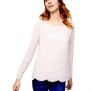 Loft Blouse Size L Blush Pink Crew Neck Scalloped Embroidered Hem Long Sleeve